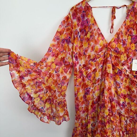 MISA Los Angeles Yasemin Bright Pink Orange Yellow Floral Chiffon Bell Sleeve Mi - Picture 9 of 16